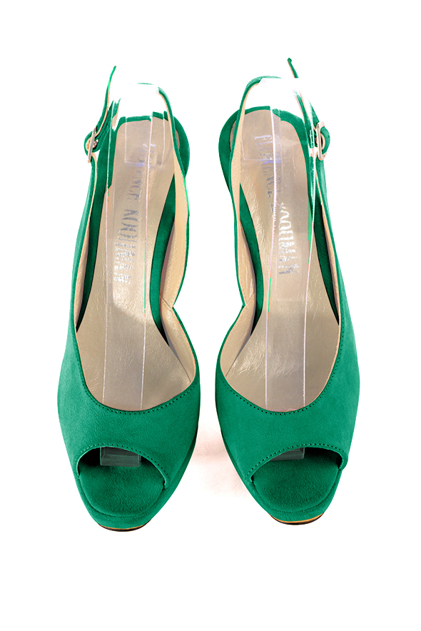 Dress heels peep-toe slingback in emerald green leather with high slim heels with a platform at the front and round toe - Top view